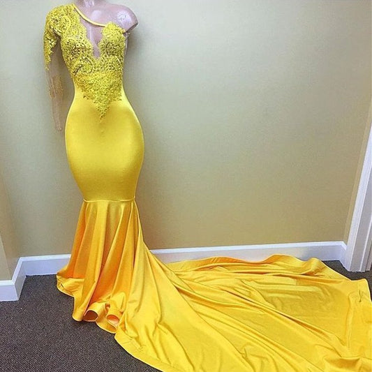 Modern Yellow One Shoulder Mermaid Prom Dress Long Sleeves With Appliques,DS4654