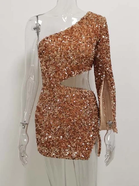 One Shoulder Glitter Sequin Mini Dress,DS4615