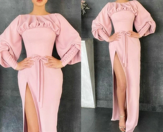 Side Split Prom Dresses Elegant Satin Button Long Sleeves Mermaid Evening Dress Ruched Formal Pageant Dress Custom Made Sweep Train,DS4761