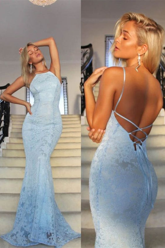 Sexy Open Back Spaghetti Straps Prom Dresses Mermaid Sweep Train LaceDS4463