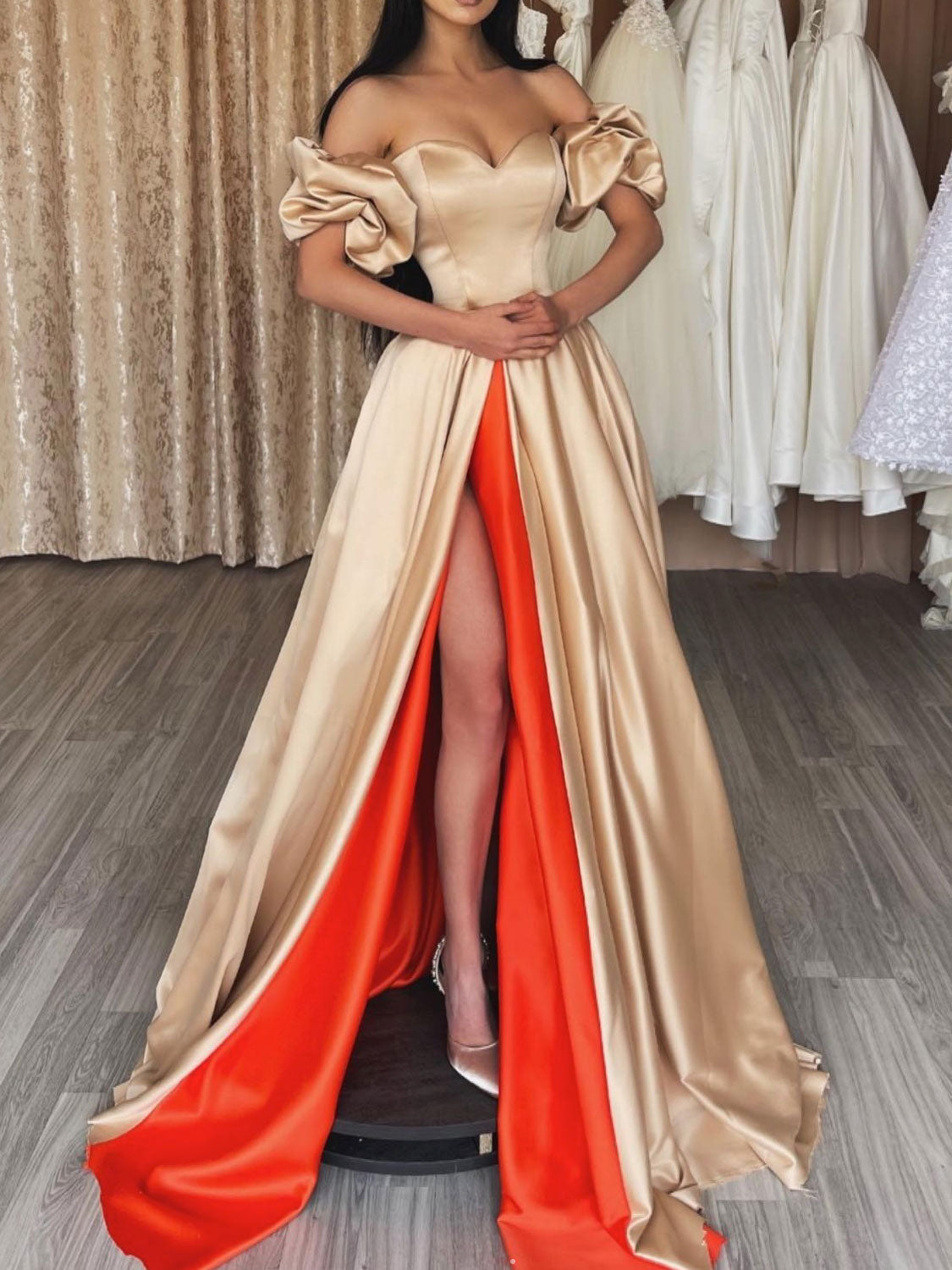 CHAMPAGNE SWEETHEART NECK SATIN LONG PROM DRESS, UNIQUE EVENING DRESS,F04741