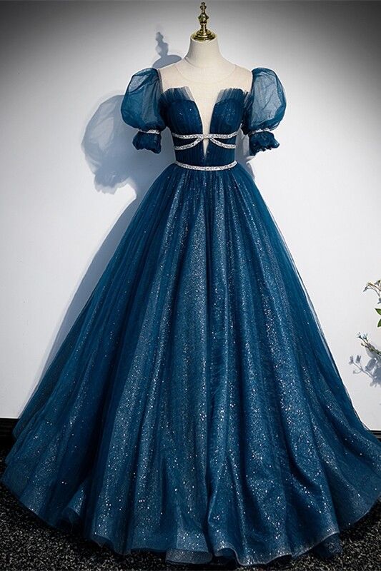 Blue A-line Tulle Long Formal Dress with Short Puffy Sleeves,DS4235