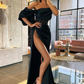 A-Line Elegant Sexy Wedding Guest Formal Evening Dress Off Shoulder Short Sleeve Court Train Stretch Satin with Split,DS3946