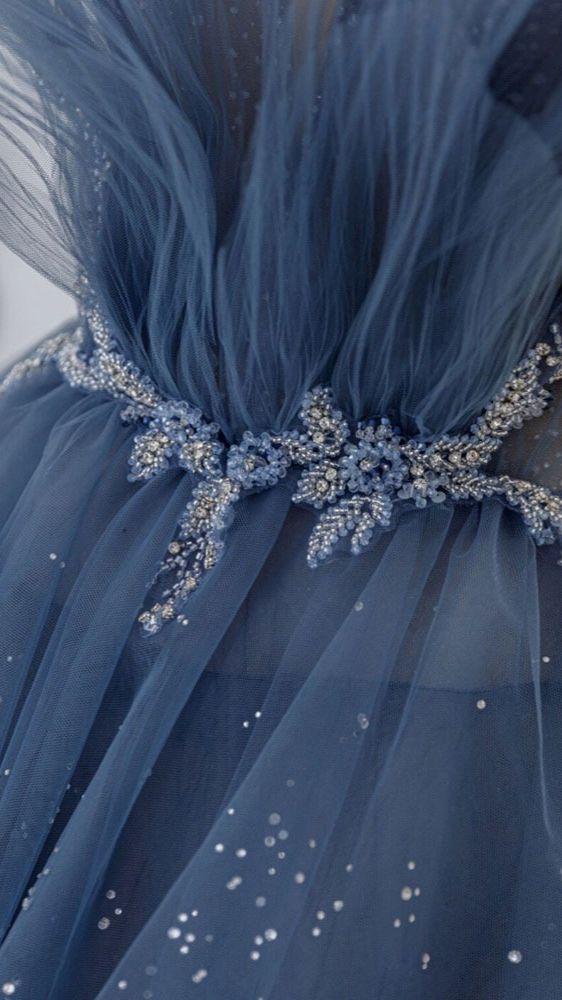 blue tulle sequin long prom dress,DS4365