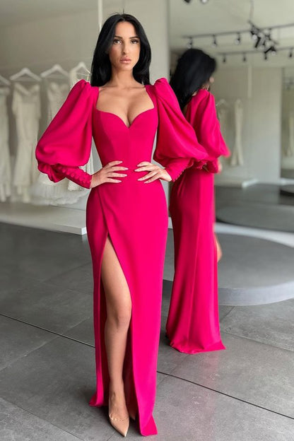 Fuchsia Long Sleeves Sweetheart Prom Dress Split Party Gowns,DS3256