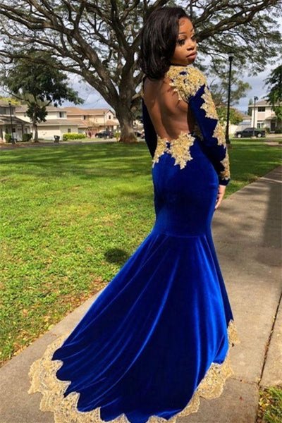 Modern Royal Blue Long Sleeves Prom Dress Mermaid Slit With Gold Appliques,DS4653