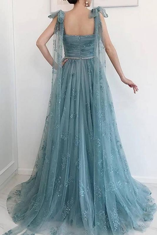 Gorgeous Tulle Sleeveless Dusty Blue Sweetheart High Split Prom Dresses,DS2783