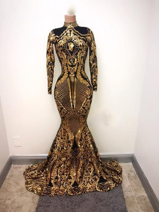 Black And Gold Evening Dress, High Neck Evening Dress, Luxury Evening Dress, Sparkly Evening Dress, Evening Gown,DS4875