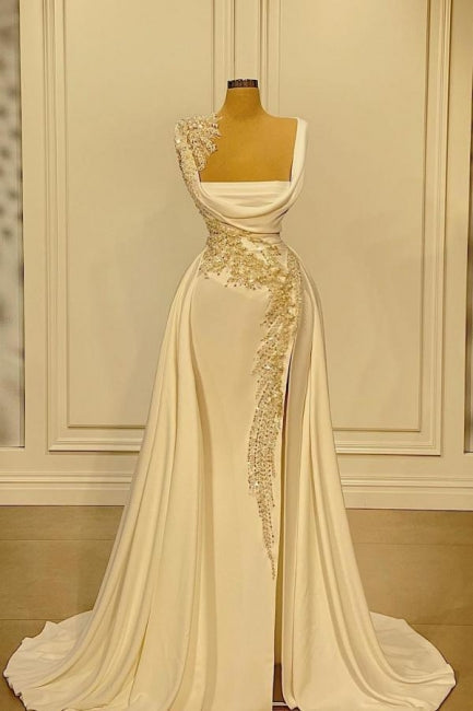 A-Line Wide Straps Square Neckline Beading Prom Dress With Side Slit,F04796