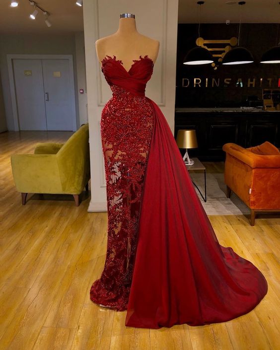 luxury Burgundy Detachable Train Mermaid Prom Dress with Lace,F04810