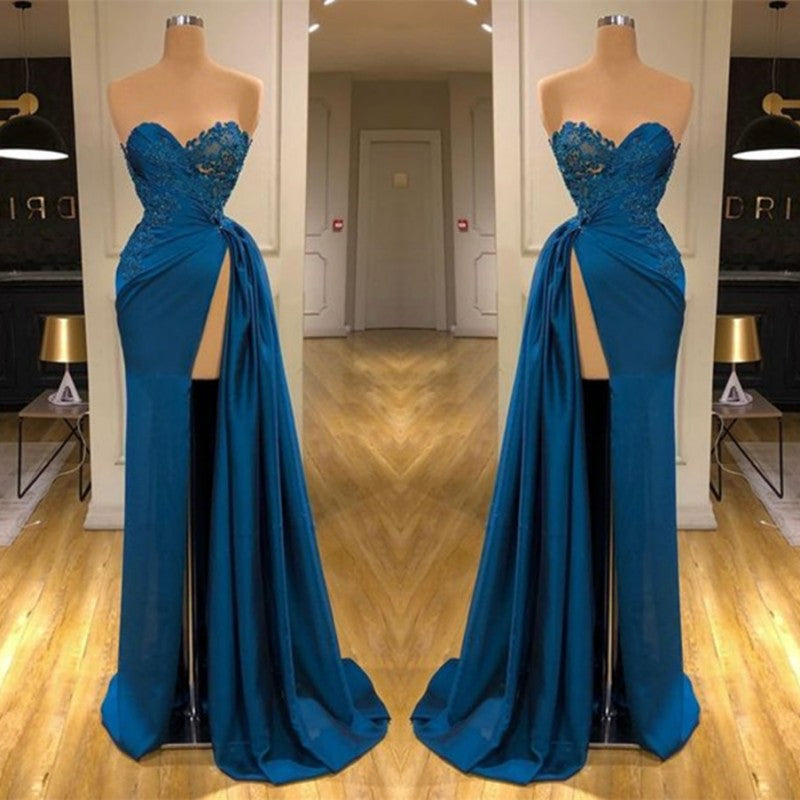 Elegant Sleeveless Mermaid Split Front Prom Dresses with Lace,F04807