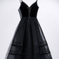 A Line V Neck Tea Length Black Velvet Prom Dresses, Black Tea Length Graduation Homecoming Dresses,DS3076