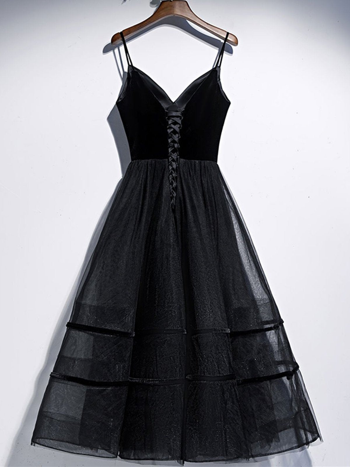 A Line V Neck Tea Length Black Velvet Prom Dresses, Black Tea Length Graduation Homecoming Dresses,DS3076