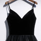 A Line V Neck Tea Length Black Velvet Prom Dresses, Black Tea Length Graduation Homecoming Dresses,DS3076