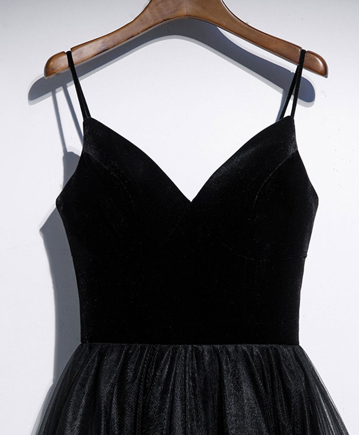A Line V Neck Tea Length Black Velvet Prom Dresses, Black Tea Length Graduation Homecoming Dresses,DS3076