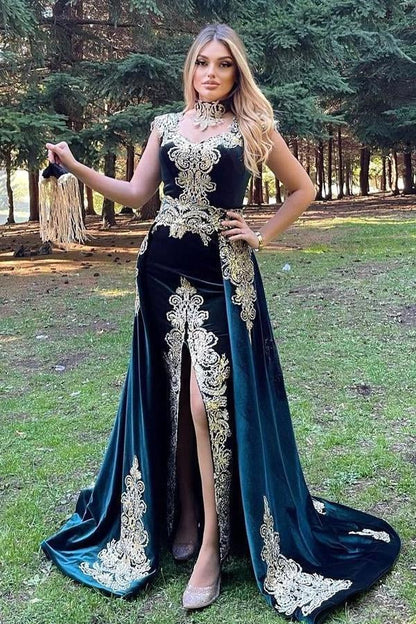 Stunning Velvet Evening Gown Sleeveless Gold Appliques Formal Dress with Detachable Train Side Slit,F04820