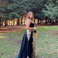 Stunning Velvet Evening Gown Sleeveless Gold Appliques Formal Dress with Detachable Train Side Slit,F04820