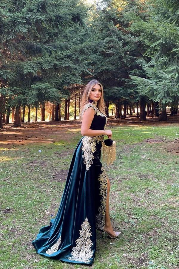 Stunning Velvet Evening Gown Sleeveless Gold Appliques Formal Dress with Detachable Train Side Slit,F04820