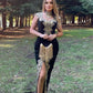 Stunning Velvet Evening Gown Sleeveless Gold Appliques Formal Dress with Detachable Train Side Slit,F04820