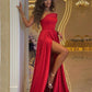 Sexy Off Shoulder Red Satin Evening Dress with Side Split Floor Length Party Dress,F04817