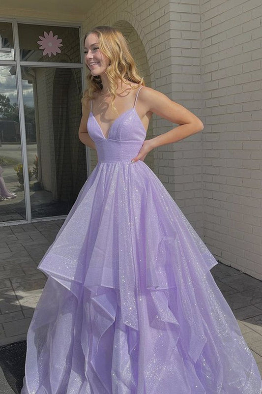 Purple v neck tulle long A line prom dress evening dress,DS4404