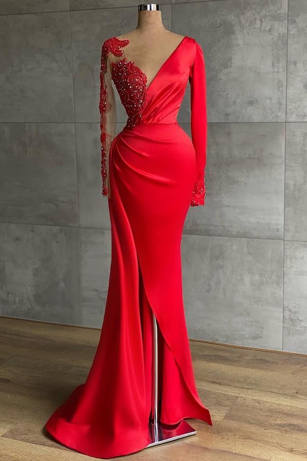 RED LONG SLEEVE V-NECK MERMAID PROM DRESS ONLINE WITH BEADINGS,DS3532