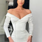 GLAMOROUS WHITE LONG SLEEVES MERMAID EVENING DRESS OFF-THE-SHOULDER SPLIT PROM GOWN,DS3529
