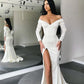 GLAMOROUS WHITE LONG SLEEVES MERMAID EVENING DRESS OFF-THE-SHOULDER SPLIT PROM GOWN,DS3529