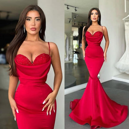 SEXY RED SPAGHETTI-STRAPS MERMAID PROM DRESS LONG ON SALE,DS3528