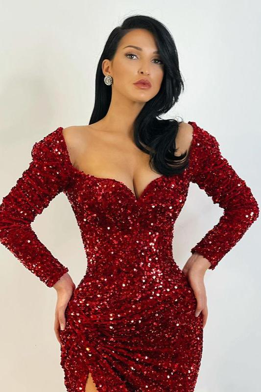 GLAMOROUS LONG SLEEVES SEQUINS MERMAID EVENING GOWNS SPLIT PROM DRESSES,DS3524