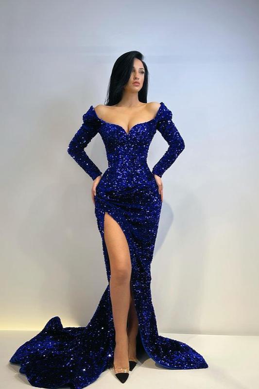 GLAMOROUS LONG SLEEVES SEQUINS MERMAID EVENING GOWNS SPLIT PROM DRESSES,DS3524