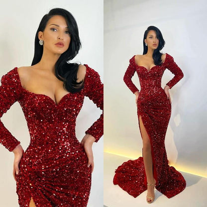 GLAMOROUS LONG SLEEVES SEQUINS MERMAID EVENING GOWNS SPLIT PROM DRESSES,DS3524