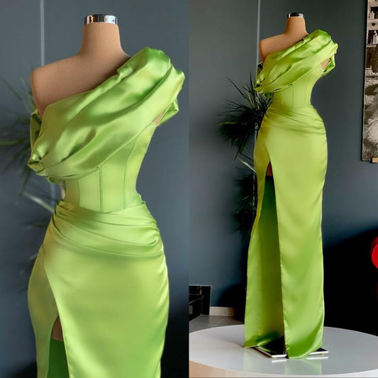 Green Elegant One Shoulder Long Evening Prom Dress with High Slit,DS3521