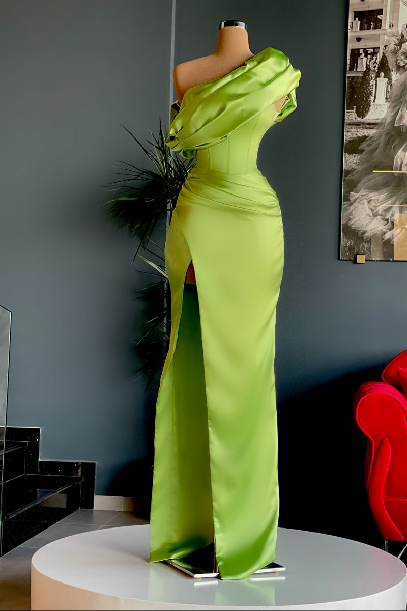 Green Elegant One Shoulder Long Evening Prom Dress with High Slit,DS3521