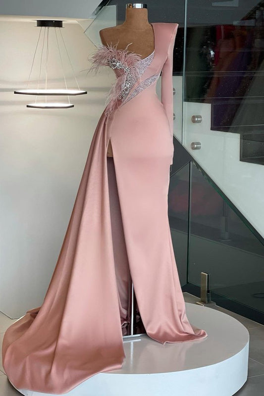 GLAMOROUS LONG SLEEVE ONE SHOULDER MERMAID PROM DRESS LONG WITH SLIT,DS3520