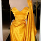 DESIGNER YELLOW GOLD ONE SHOULDER LONG EVENING PROM DRESS WITH RUFFLES,DS3519