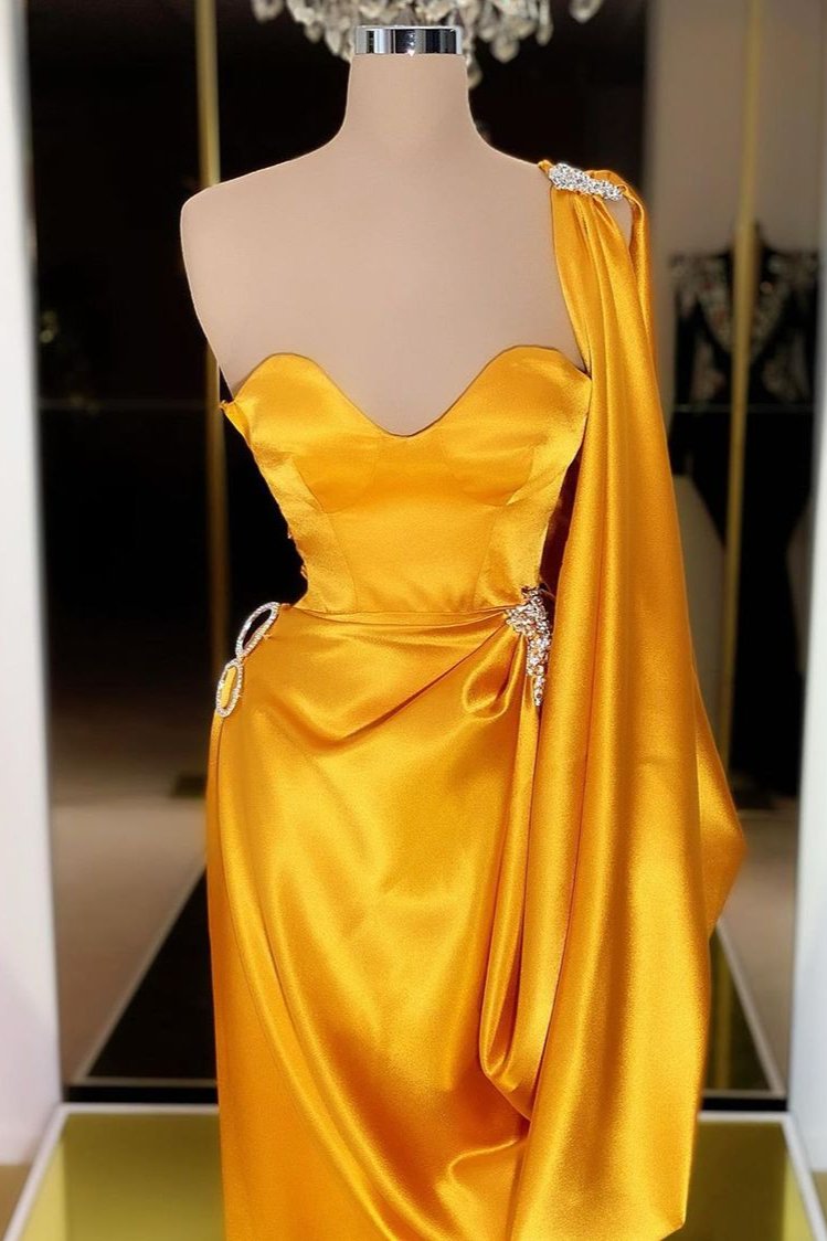 DESIGNER YELLOW GOLD ONE SHOULDER LONG EVENING PROM DRESS WITH RUFFLES,DS3519