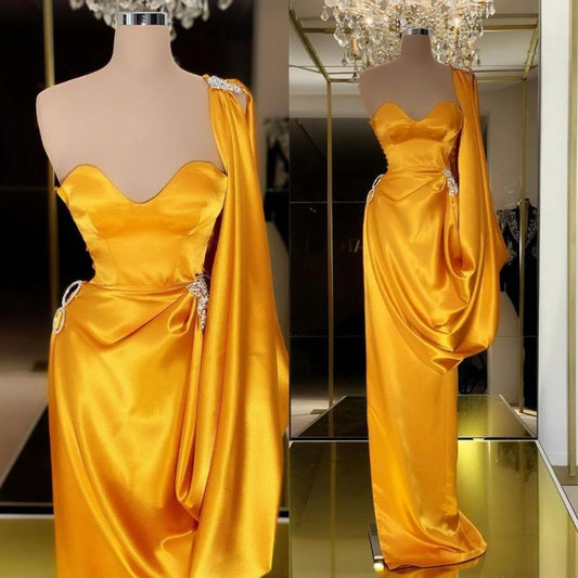 DESIGNER YELLOW GOLD ONE SHOULDER LONG EVENING PROM DRESS WITH RUFFLES,DS3519