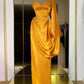 DESIGNER YELLOW GOLD ONE SHOULDER LONG EVENING PROM DRESS WITH RUFFLES,DS3519