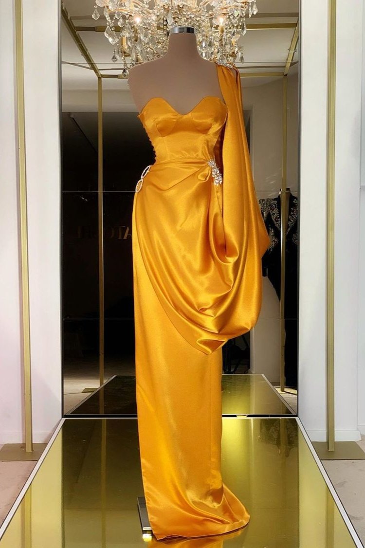 DESIGNER YELLOW GOLD ONE SHOULDER LONG EVENING PROM DRESS WITH RUFFLES,DS3519