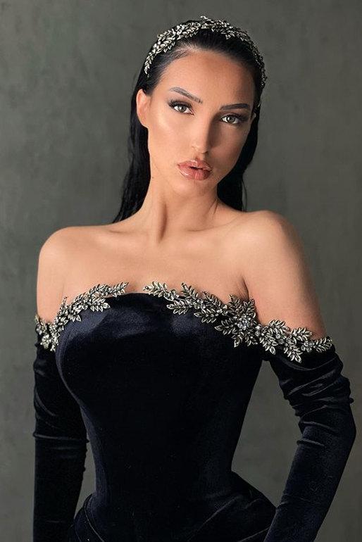 BLACK HIGH-SPLIT VELVET OFF-THE-SHOULDER MERMAID PROM DRESS,DS3515