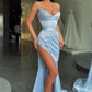 UNIQUE SKY BLUE STAPLESS HIGH-SPLIT SEQUINED PROM DRESS,DS3513