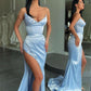 UNIQUE SKY BLUE STAPLESS HIGH-SPLIT SEQUINED PROM DRESS,DS3513