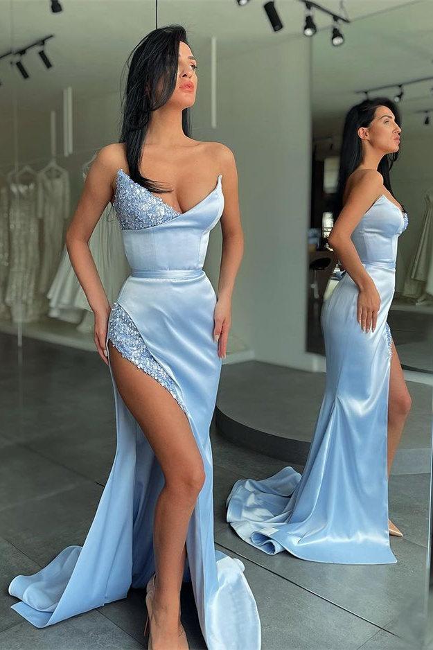 UNIQUE SKY BLUE STAPLESS HIGH-SPLIT SEQUINED PROM DRESS,DS3513