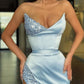 UNIQUE SKY BLUE STAPLESS HIGH-SPLIT SEQUINED PROM DRESS,DS3513