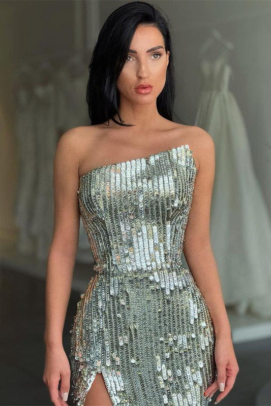 FASHION SILVER SEQUIN ASYMMETRIC NECKLINE HIGH SPLIT PROM DRESS,DS3512