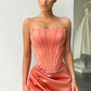 ORANGE HIGH-SPLIT STRAPLESS PLEATS PROM DRESS WITH COURT TRAIN,DS3510