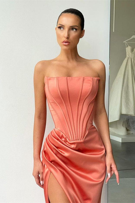 ORANGE HIGH-SPLIT STRAPLESS PLEATS PROM DRESS WITH COURT TRAIN,DS3510