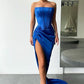 ORANGE HIGH-SPLIT STRAPLESS PLEATS PROM DRESS WITH COURT TRAIN,DS3510