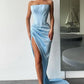 ORANGE HIGH-SPLIT STRAPLESS PLEATS PROM DRESS WITH COURT TRAIN,DS3510